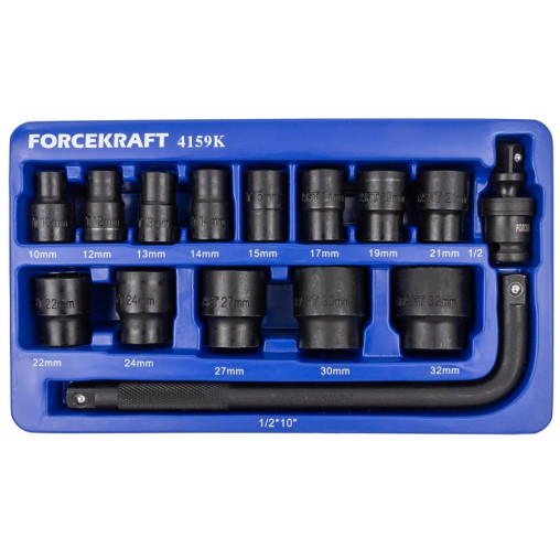 Zestaw nasadek udarowych 1/2" 10-32 mm 15 el. 6-kątne Cr-Mo Forcekraft