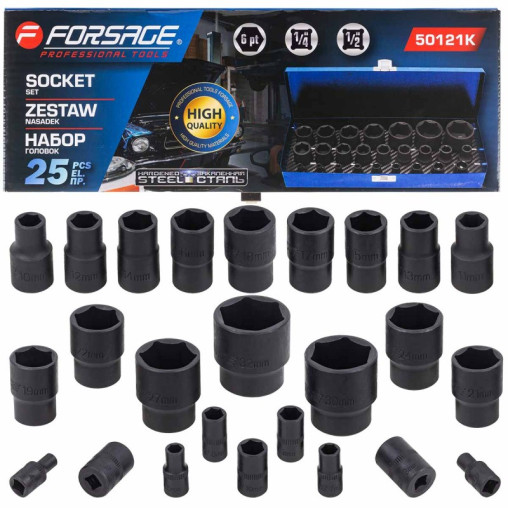 Zestaw klucze nasadki udarowe 1/2" 1/4" 4-32mm 6-kątne 25el walizka