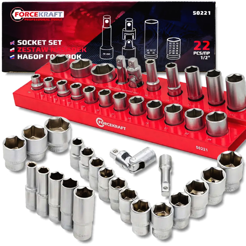 FORCEKRAFT Zestaw nasadek 1/2" 10-32mm 6-kątne 22 ELEMENTY