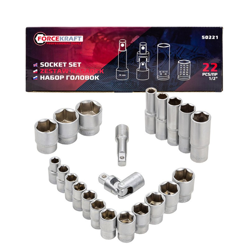 FORCEKRAFT Zestaw nasadek 1/2" 10-32mm 6-kątne 22 ELEMENTY