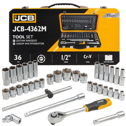 Walizka zestaw klucze nasadowe z grzechotką nasadki do kół 1/2” 36 el JCB