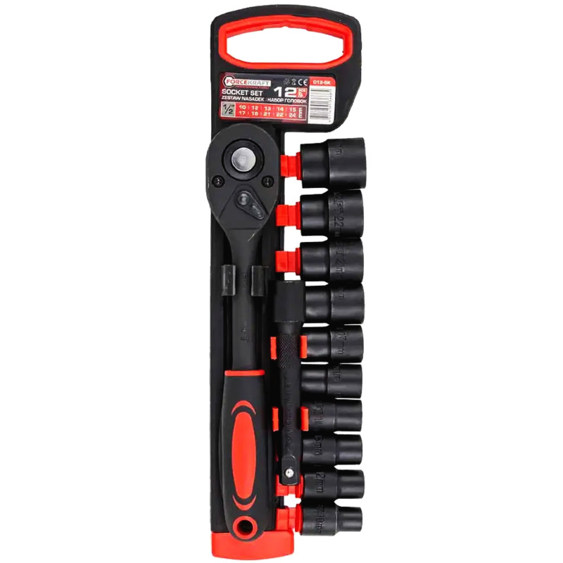 Zestaw nasadek 1/2" 10-24 mm 12 el z grzechotką przedłużką CrV Forcekraft