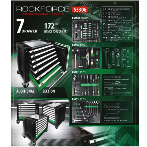 Wózek narzędziowy Szafka warsztatowa zestaw 172 element 7 szuflad Rockforce