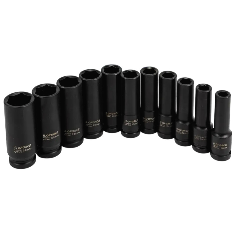 Zestaw 11 nasadek udarowych głębokich 10-24 mm 1/2" nasadki 6-kątne CrMo