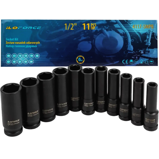 Zestaw 11 nasadek udarowych głębokich 10-24 mm 1/2" nasadki 6-kątne CrMo