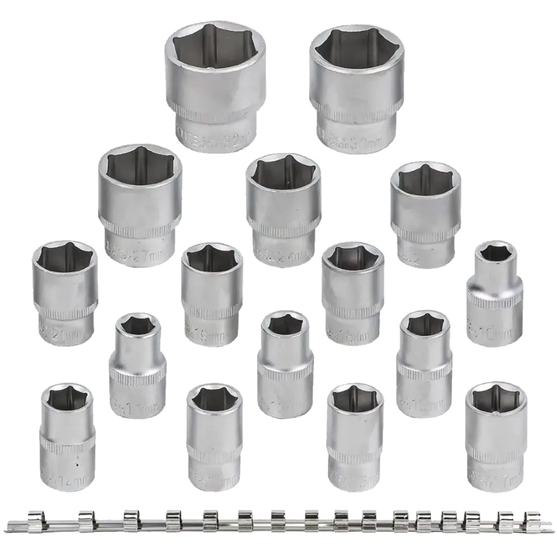 ROCKFORCE Zestaw NASADEK 1/2" 6-kątnych 16 ELEMENTÓW na listwie Cr-V