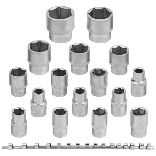 ROCKFORCE Zestaw NASADEK 1/2" 6-kątnych 16 ELEMENTÓW na listwie Cr-V