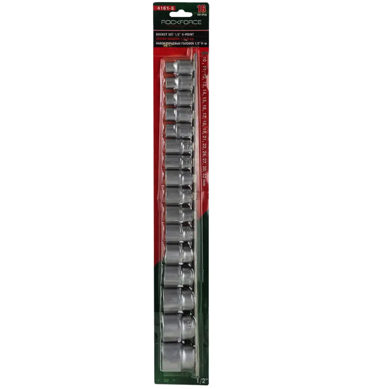 ROCKFORCE Zestaw NASADEK 1/2" 6-kątnych 16 ELEMENTÓW na listwie Cr-V