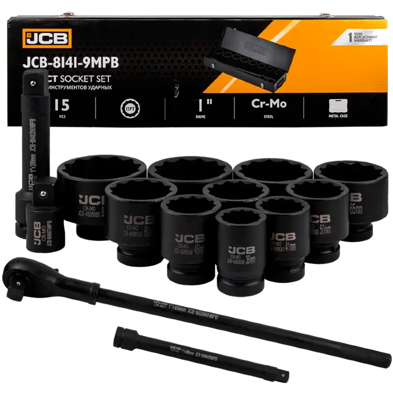 JCB Zestaw NARZĘDZI udarowych 1" Cr-Mo 12-kątnych 15 ELEMENTÓW