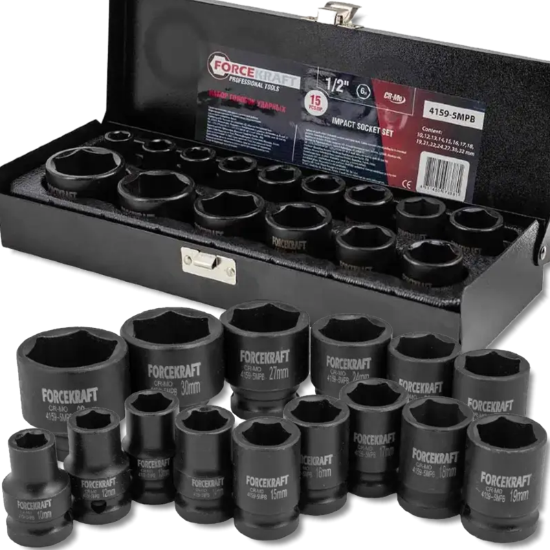 FORCEKRAFT Zestaw NASADEK udarowych 1/2" 15 ELEMENTÓW 6-kątnych (10-32mm)