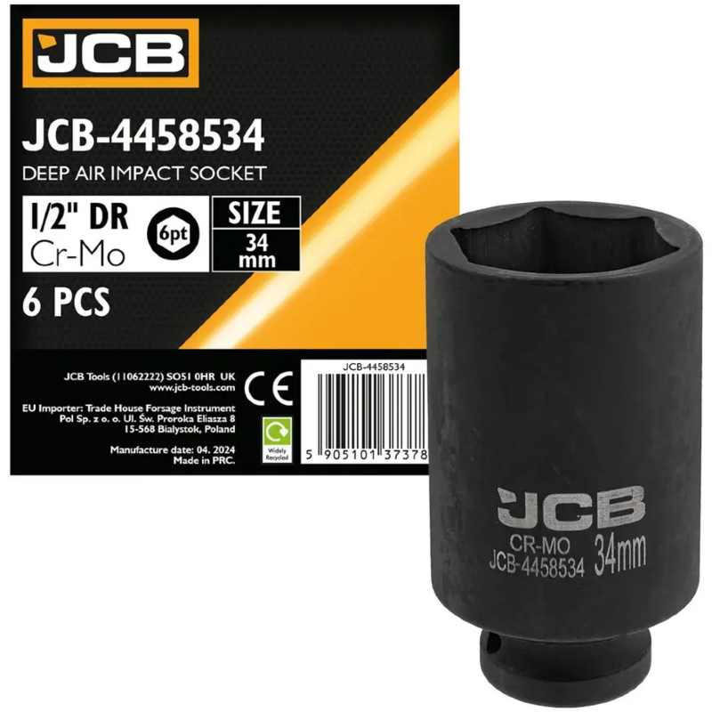 JCB NASADKA udarowa GŁĘBOKA 1/2" Cr-Mo 6-kątna 34mm KLUCZ NASADOWY