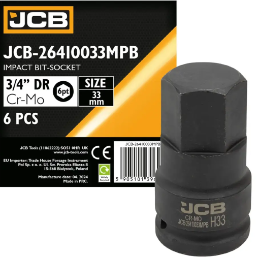 JCB Nasadka BIT udarowa 3/4" 33mm 6-kątna Cr-Mo KLUCZ nasadowy