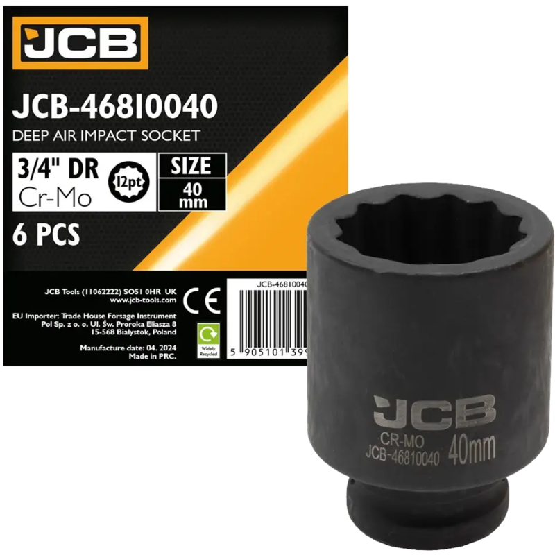 JCB NASADKA udarowa GŁĘBOKA 3/4" Cr-Mo 12-kątna 40mm KLUCZ NASADOWY
