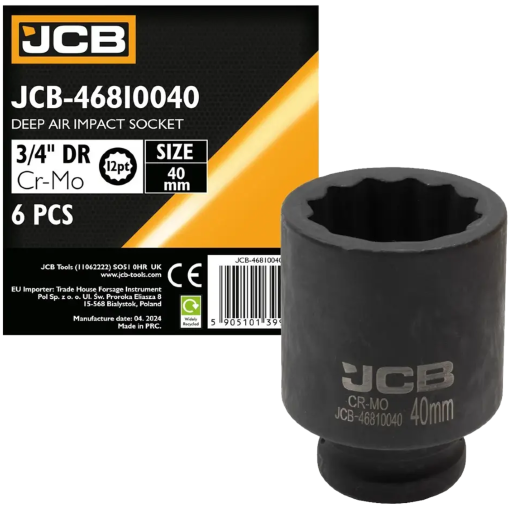 JCB NASADKA udarowa GŁĘBOKA 3/4" Cr-Mo 12-kątna 40mm KLUCZ NASADOWY