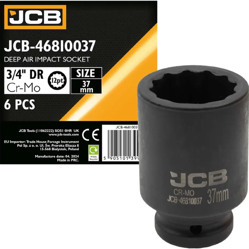 JCB NASADKA udarowa GŁĘBOKA 3/4" Cr-Mo 12-kątna 37mm KLUCZ NASADOWY