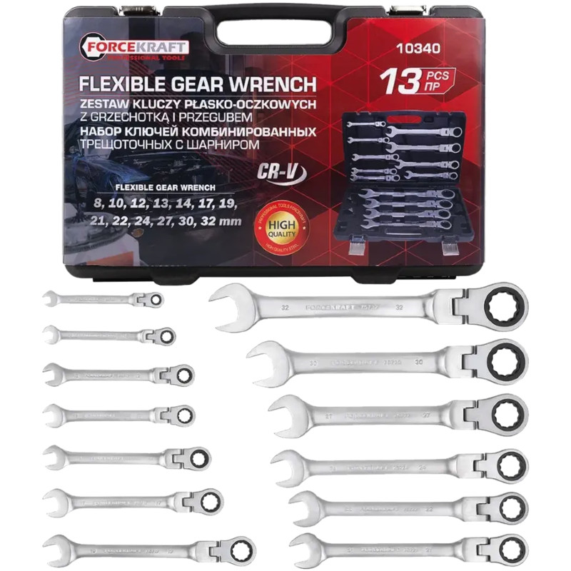 FORCEKRAFT Zestaw KLUCZY płasko-oczkowych z GRZECHOTKĄ 13 ELEMENTÓW 8-32mm