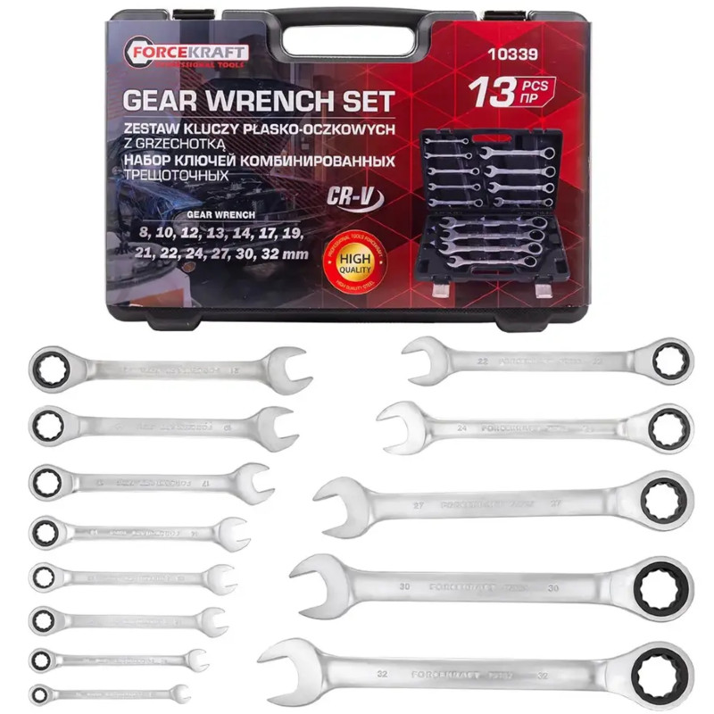 FORCEKRAFT Zestaw KLUCZY płasko-oczkowych z GRZECHOTKĄ 13 ELEMENTÓW 8-32mm