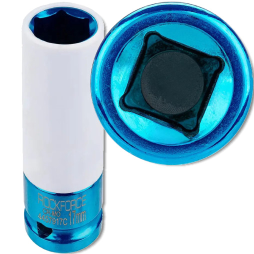 ROCKFORCE Nasadka udarowa 17 mm 1/2" 6-kątna głęboka do ALUFELG z TULEJĄ zabezpieczającą