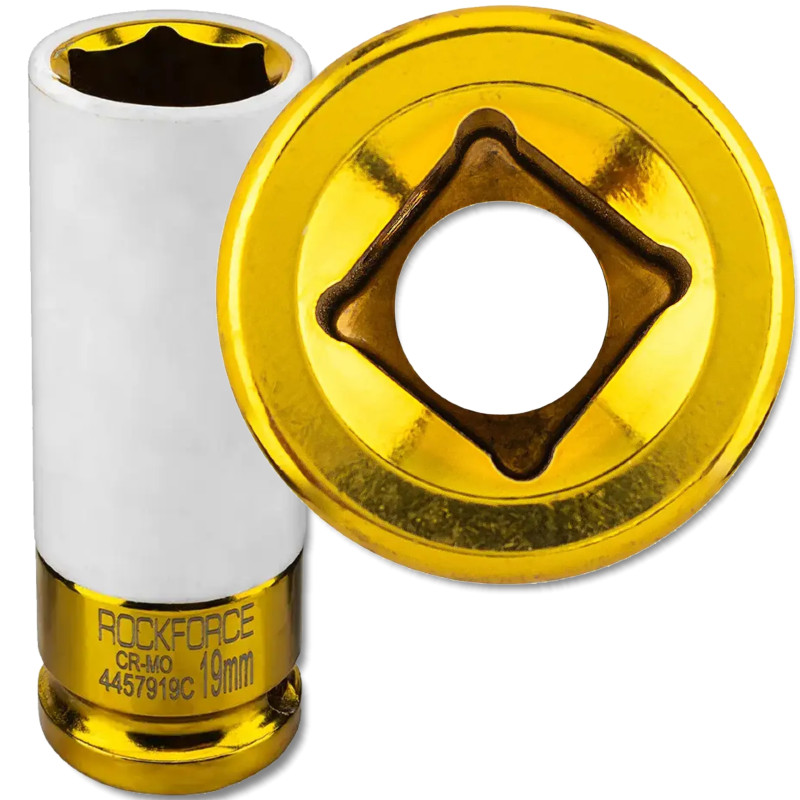 ROCKFORCE Nasadka udarowa 1/2" 6-kątna 19 mm głęboka do ALUFELG z TULEJĄ