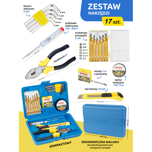 Zestaw narzędziowy 17 el. Kombinerki wkrętaki imbu