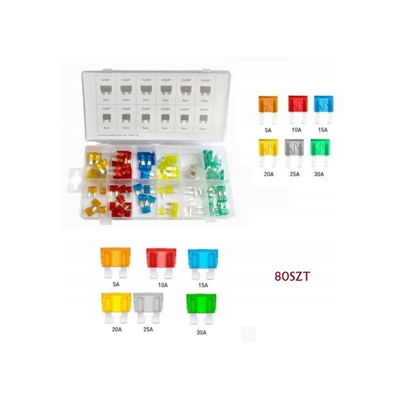 BEZPIECZNIKI SAMOCHODOWE ZESTAW MINI 5A-30A 80 SZT