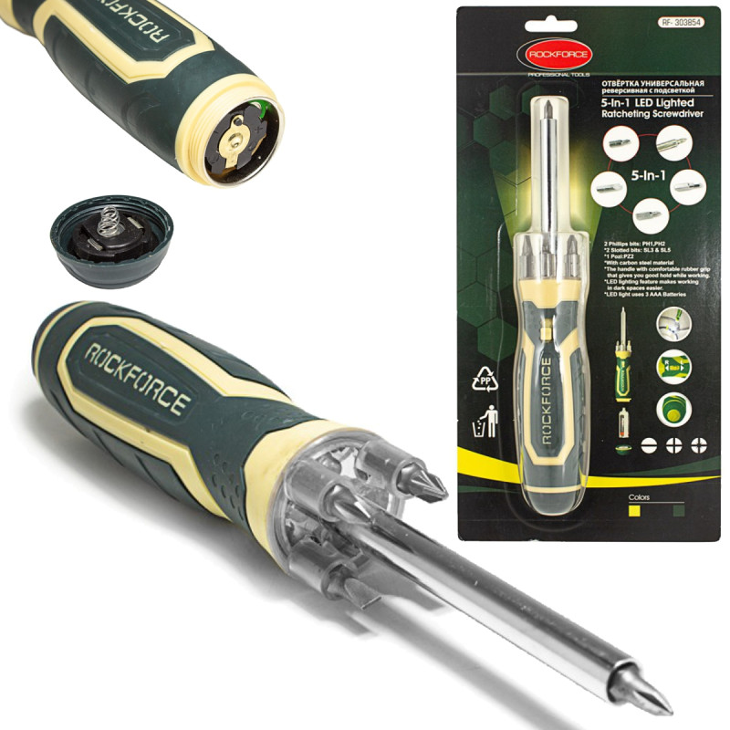 Detail produktu Rockforce univerzálny skrutkovač s magnetom a LED osvetlením 5 v 1 FS-16839