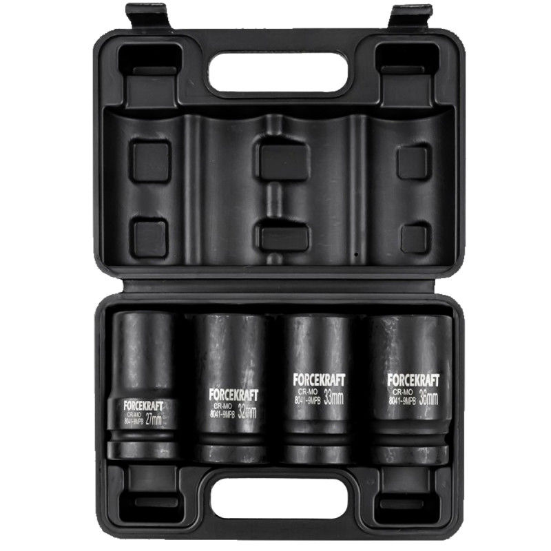 FORCEKRAFT Zestaw 4 nasadek UDAROWYCH GŁĘBOKICH w walizce 1" 12-kątne 27-36mm
