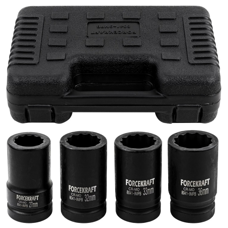 FORCEKRAFT Zestaw 4 nasadek UDAROWYCH GŁĘBOKICH w walizce 1" 12-kątne 27-36mm