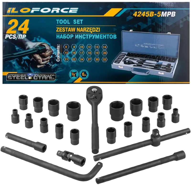 ILOFORCE Zestaw narzędzi 1/2" 6-kątnych 8-32mm 24 ELEMENTY + WALIZKA