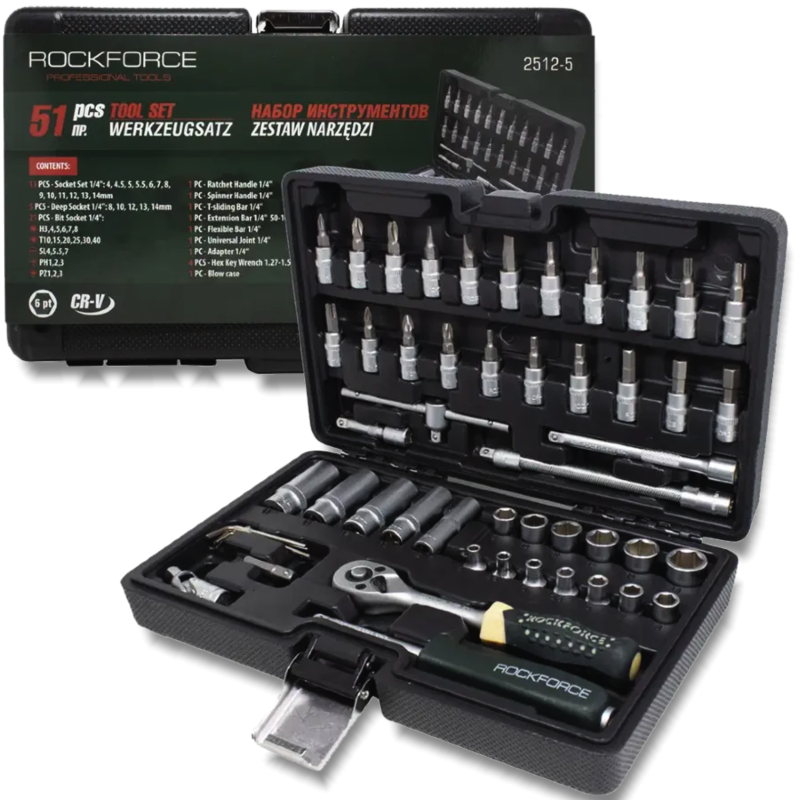 ROCKFORCE Zestaw NARZĘDZI 6-kątnych 51 elementów 1/4" 4-14 mm