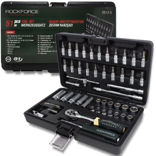 ROCKFORCE Zestaw NARZĘDZI 6-kątnych 51 elementów 1/4" 4-14 mm