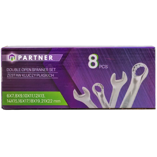 PARTNER Zestaw KLUCZY płaskich 8 ELEMENTÓW 6 - 22 mm PŁACHTA