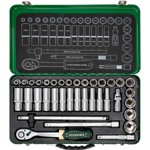 ROCKFORCE Zestaw NARZĘDZI nasadek 1/2" 36 el z adapterami i PRZEDŁUŻKAMI