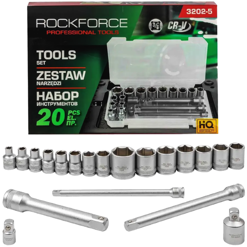 ROCKFORCE Zestaw NARZĘDZI nasadek 3/8" 20 el z adapterami i PRZEDŁUŻKAMI
