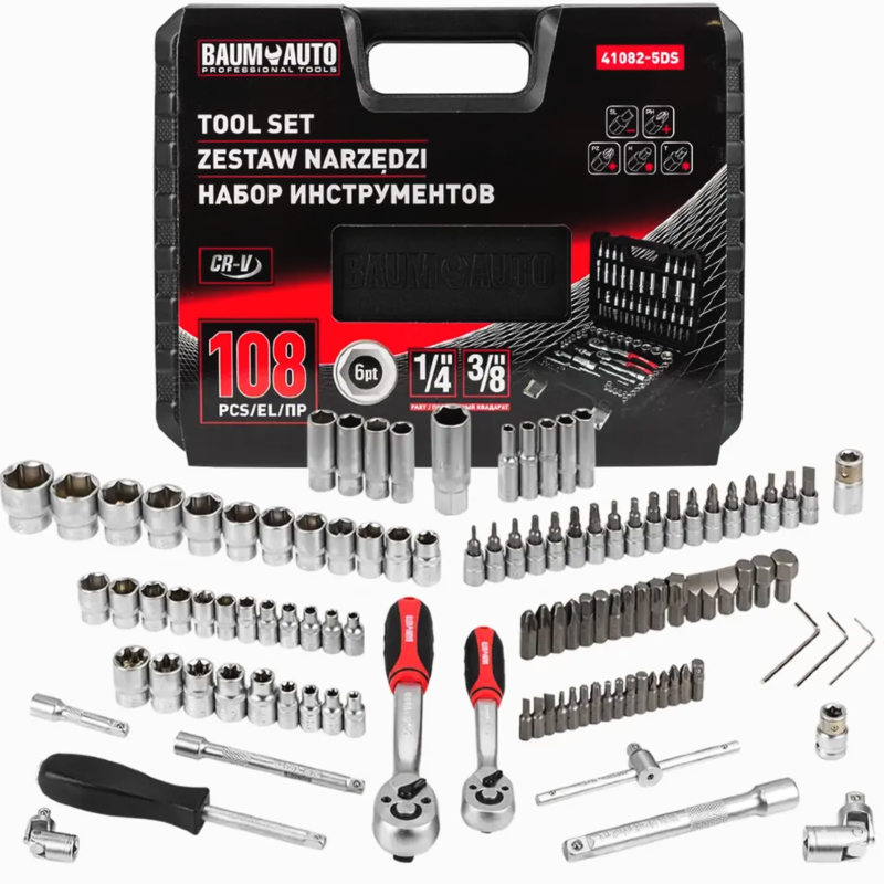 BAUMAUTO Zestaw narzędzi DUŻY 108 ELEMENTÓW 1/4" 3/8" 6-kątnych 4-22mm