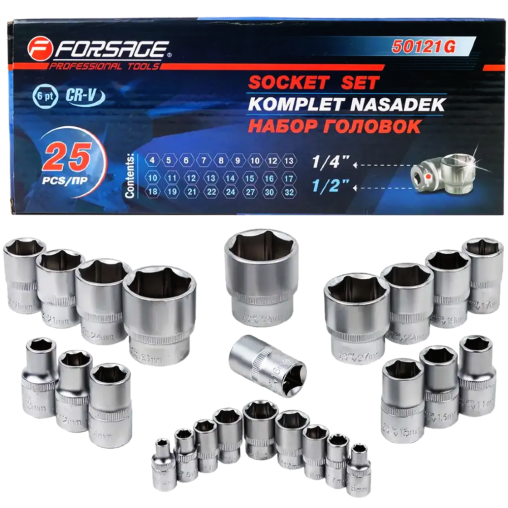 FORSAGE Zestaw NASADEK udarowych 6-kątnych 25 ELEMENTÓW 1/4" 1/2" 4-32mm
