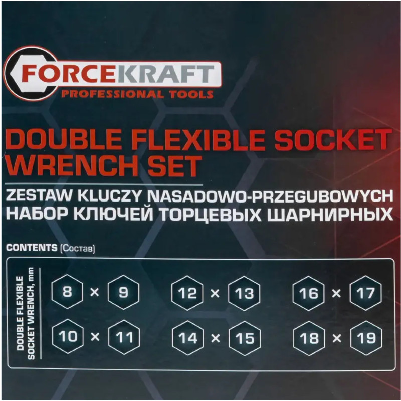 FORCEKRAFT Zestaw KLUCZY nasadowo-przegubowych 6 ELEMENTÓW 8-22mm + WALIZKA