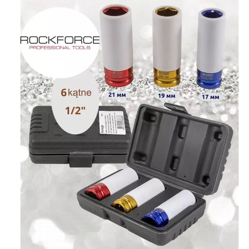 ROCKFORCE Zestaw NASADEK udarowych 1/2" do ALUFELG komplet 3 ELEMENTÓW 6kąt
