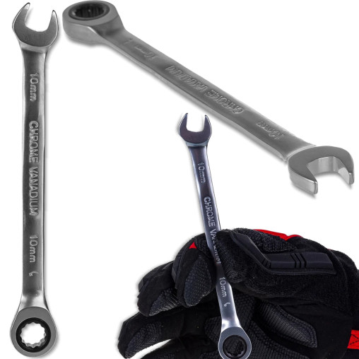 ROCKFORCE Klucz PŁASKO-OCZKOWY z GRZECHOTKĄ 10mm stal Cr-V