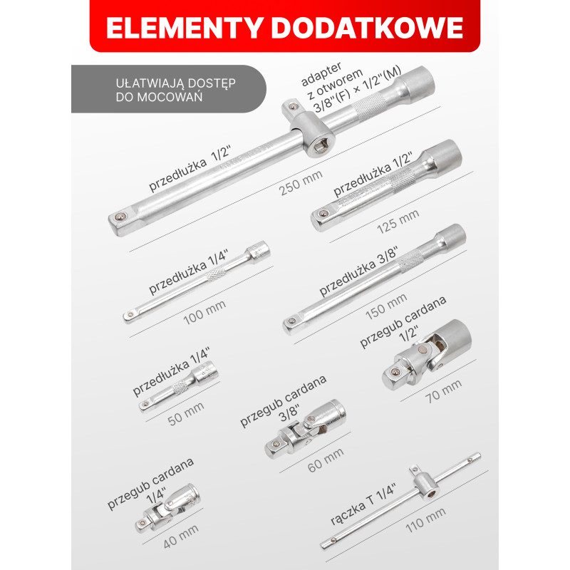 FORCEKRAFT Zestaw narzędzi 222 ELEMENTY stal CrV DUŻY komplet 1/4" 3/8" 1/2"