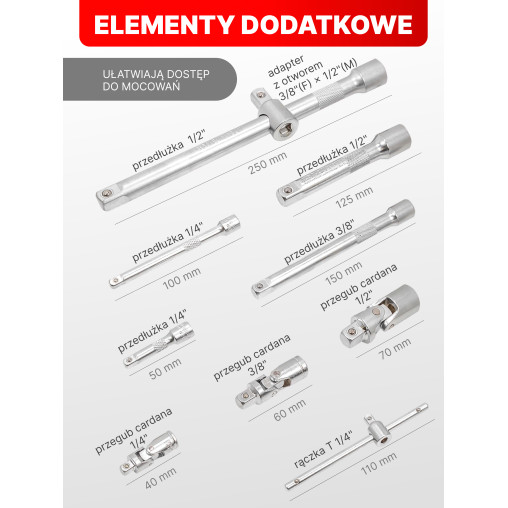 FORCEKRAFT Zestaw narzędzi 222 ELEMENTY stal CrV DUŻY komplet 1/4" 3/8" 1/2"