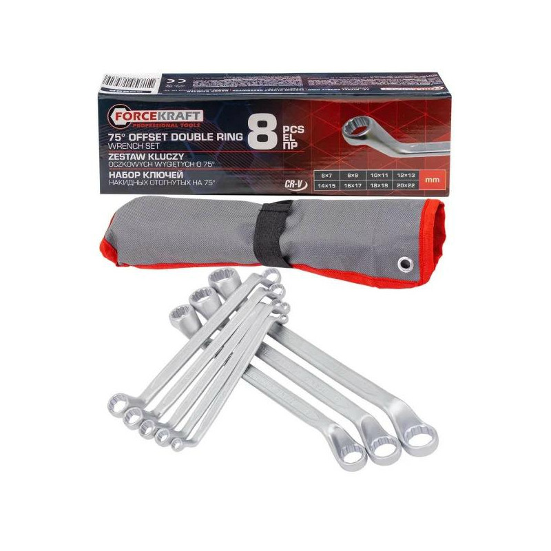 Zestaw 8 kluczy oczkowych odgiętych 6-22 mm 12-kątne stal CrV Forcekraft