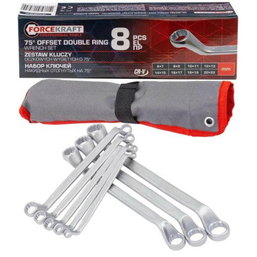 Zestaw 8 kluczy oczkowych odgiętych 6-22 mm 12-kątne stal CrV Forcekraft