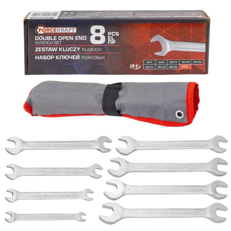 Zestaw 8 kluczy płaskich 6-22 mm obustronne klucze płaskie Forcekraft