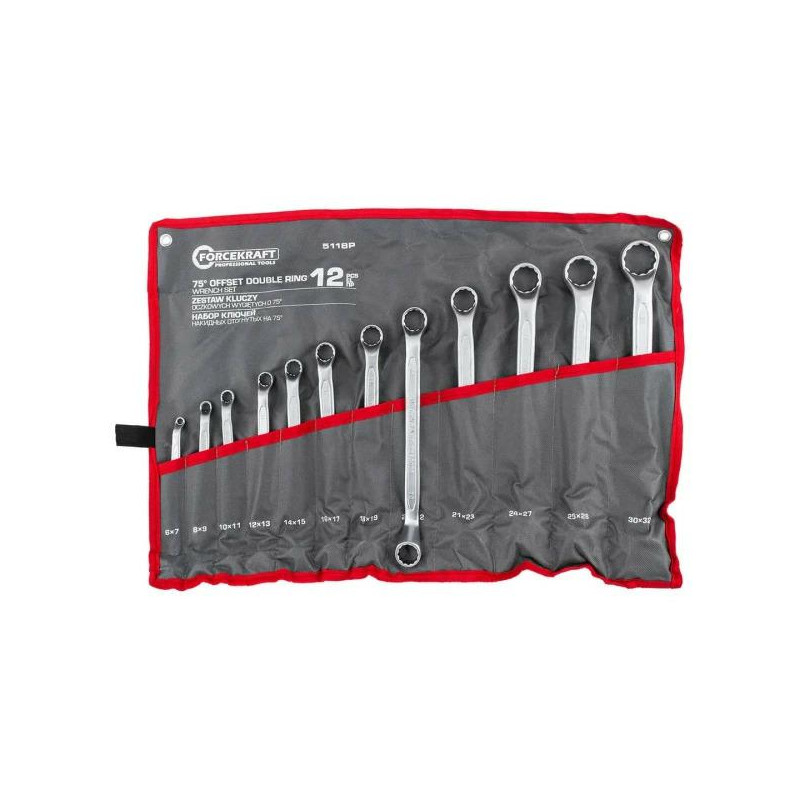 Zestaw 12 kluczy oczkowych odgiętych 6-32 mm 12-kątne stal CrV Forcekraft
