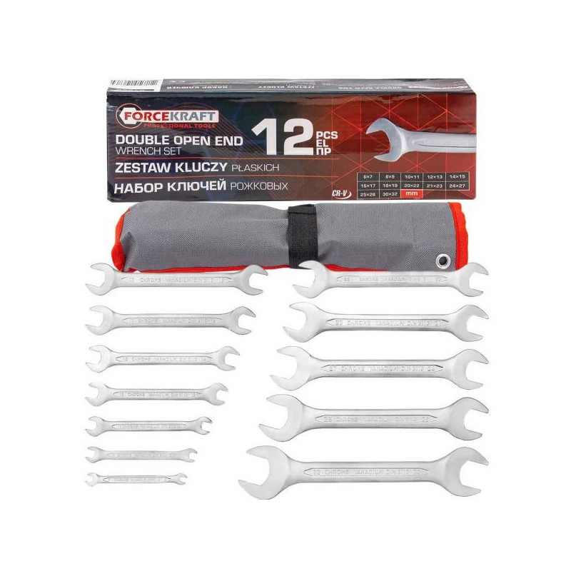 Zestaw 12 kluczy płaskich 6-32 mm klucze płaskie CrV na płachcie Forcekraft