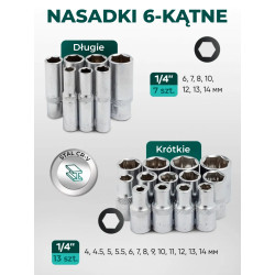 Zestaw narzędzi 1/4" 66el. 6-kąt 4-14 mm Grzechotka nasadki bity Rockforce