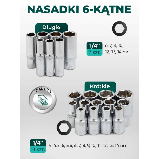 Zestaw narzędzi 1/4" 66el. 6-kąt 4-14 mm Grzechotka nasadki bity Rockforce