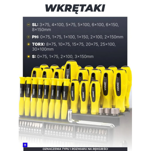 Zestaw Śrubokrętów Wkrętaków Bitów 100 elementów w Stojaku WMC