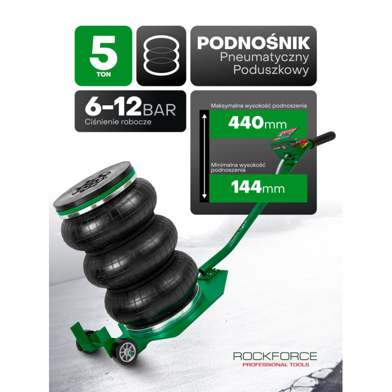 Podnośnik pneumatyczny poduszkowy bałwanek 5T min 144mm max 440mm + GUMA